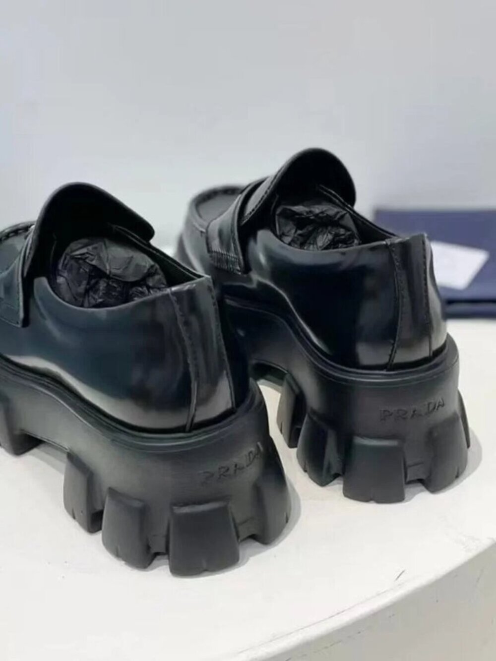Prada Black Brushed Leather Triangle Logo Lug Sole Platform Loafers - Picture 7 of 8
